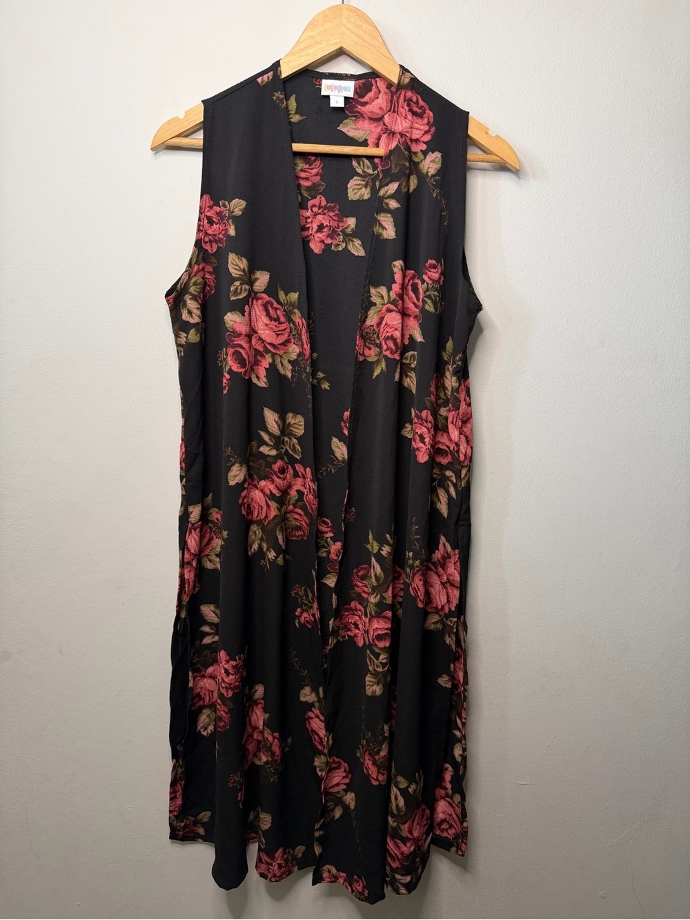 LuLaRoe Sleeveless Black Vest with Rose Print